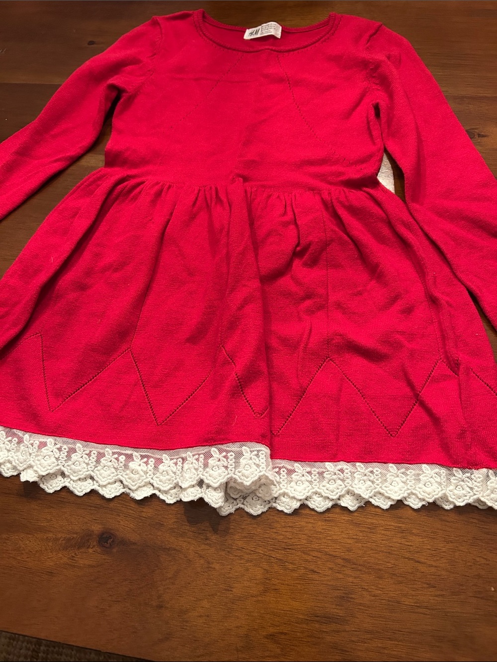 H&M Bright Red sweater Knit Dress with White Lace Hem